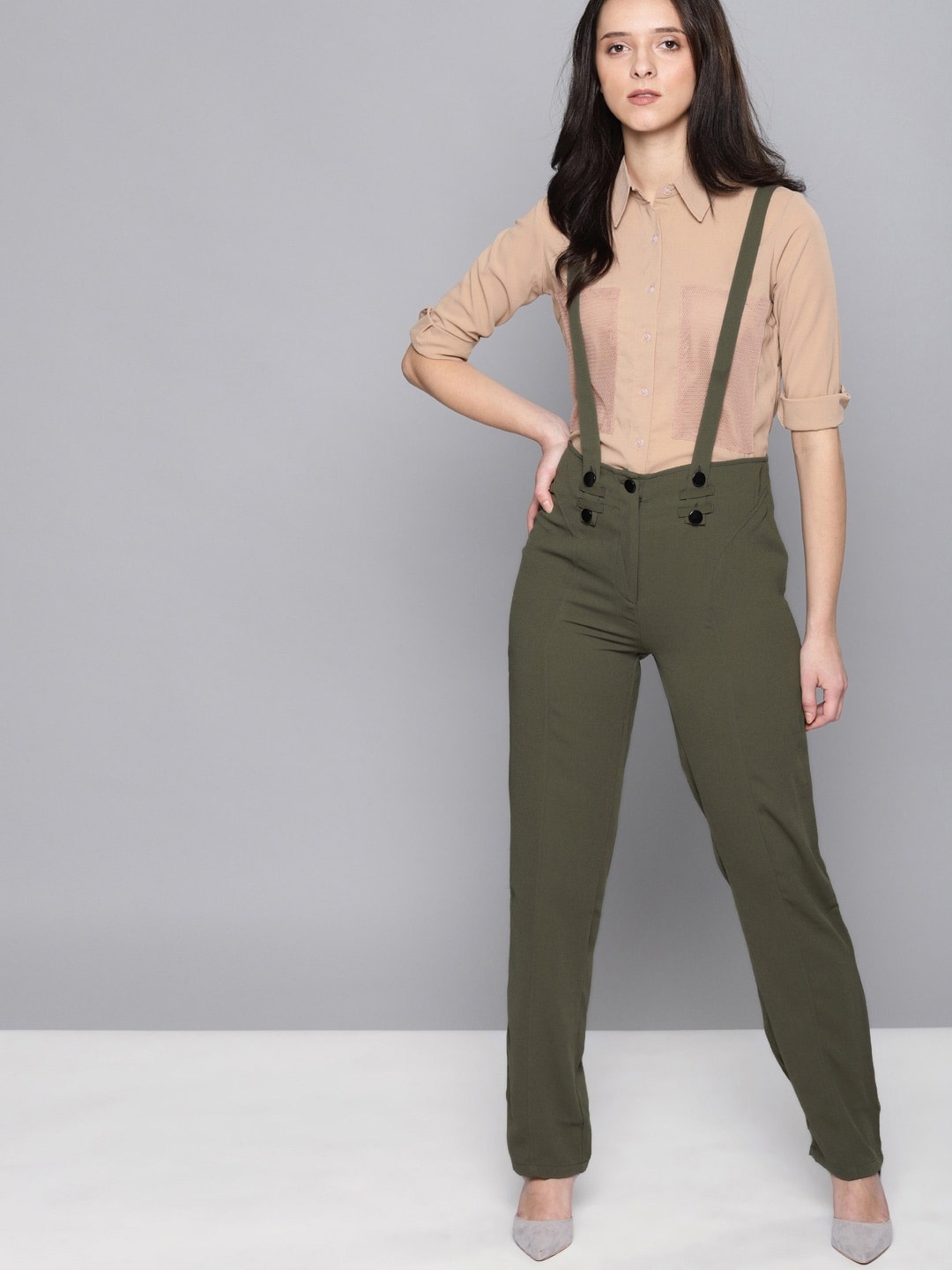 

Mast & Harbour Women Olive Green Mid-Rise Trousers With Suspenders