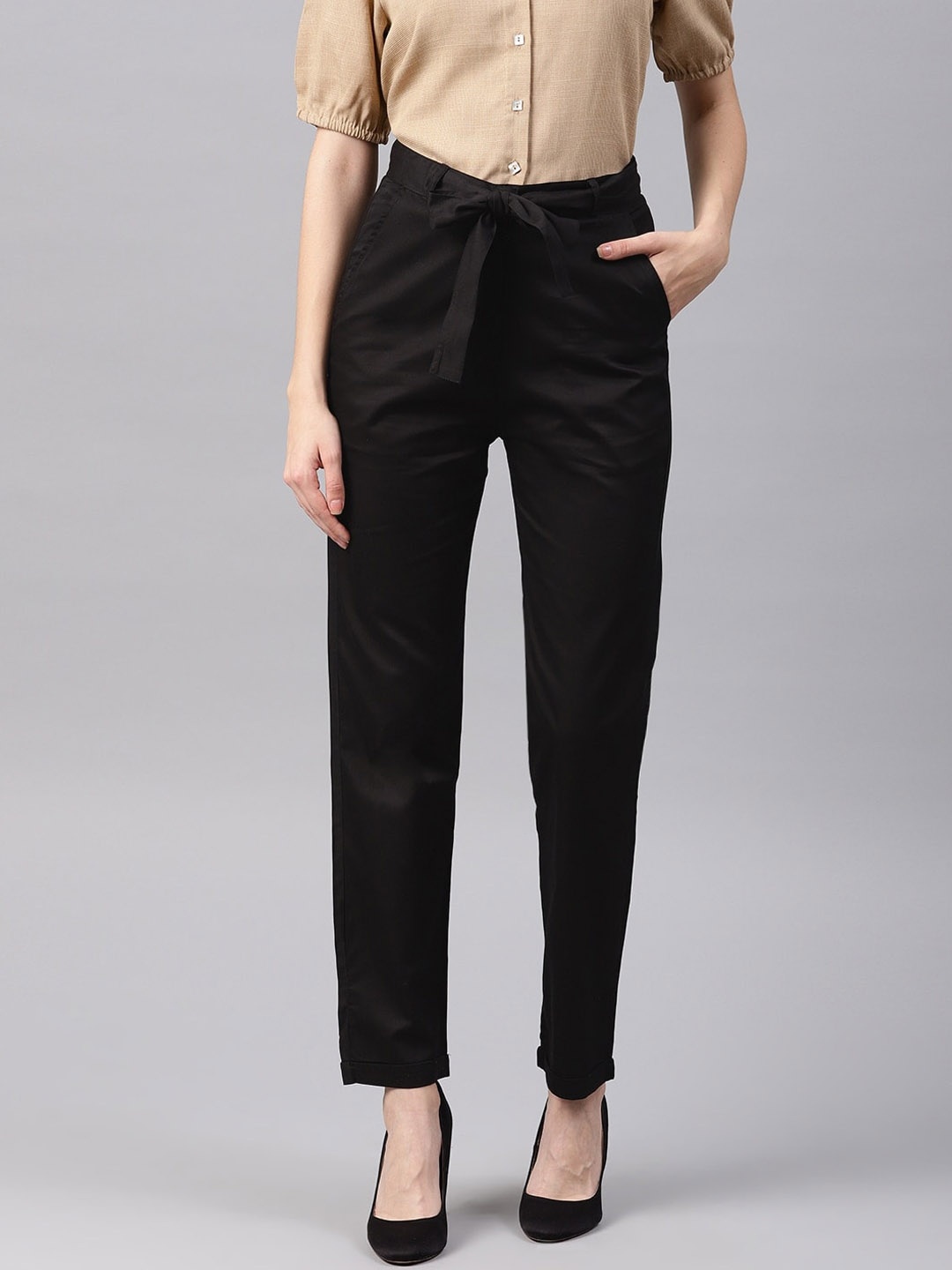 

Mast & Harbour Women Black Pure Cotton Regular Trousers