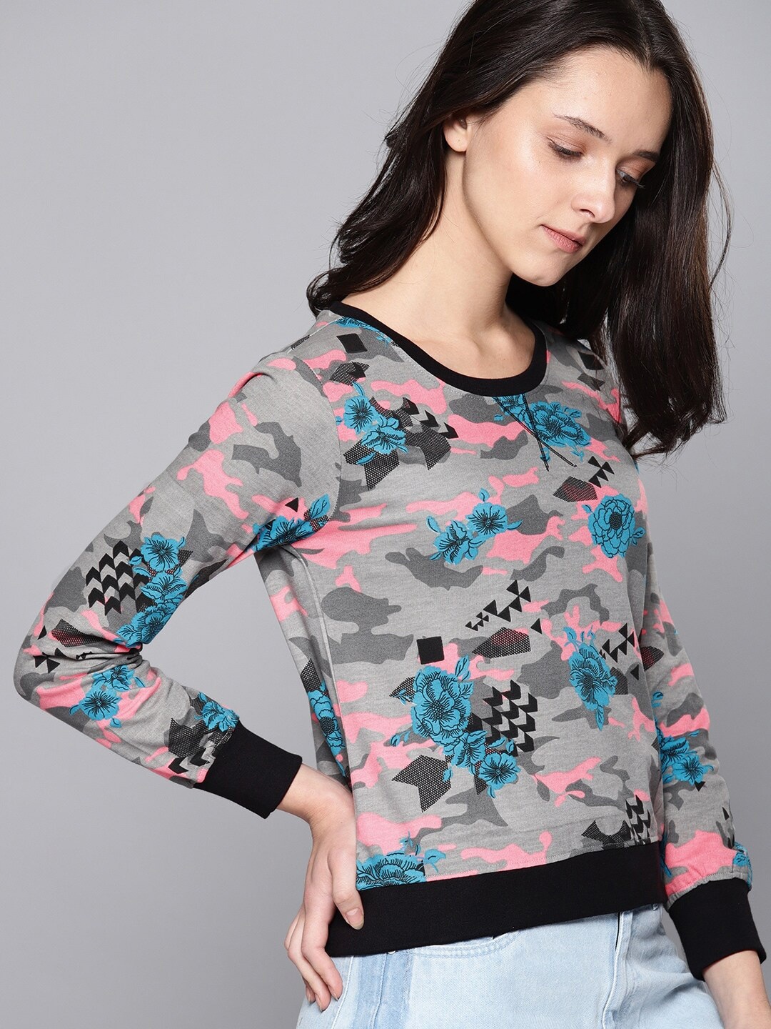 

Mast & Harbour Floral Printed Cropped Sweatshirt, Grey