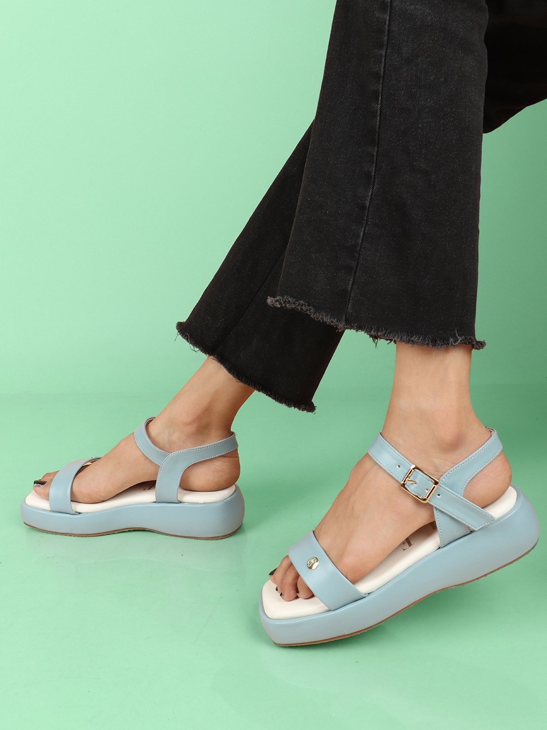 

ELLE Open Toe Flatform Heels With Buckles, Blue