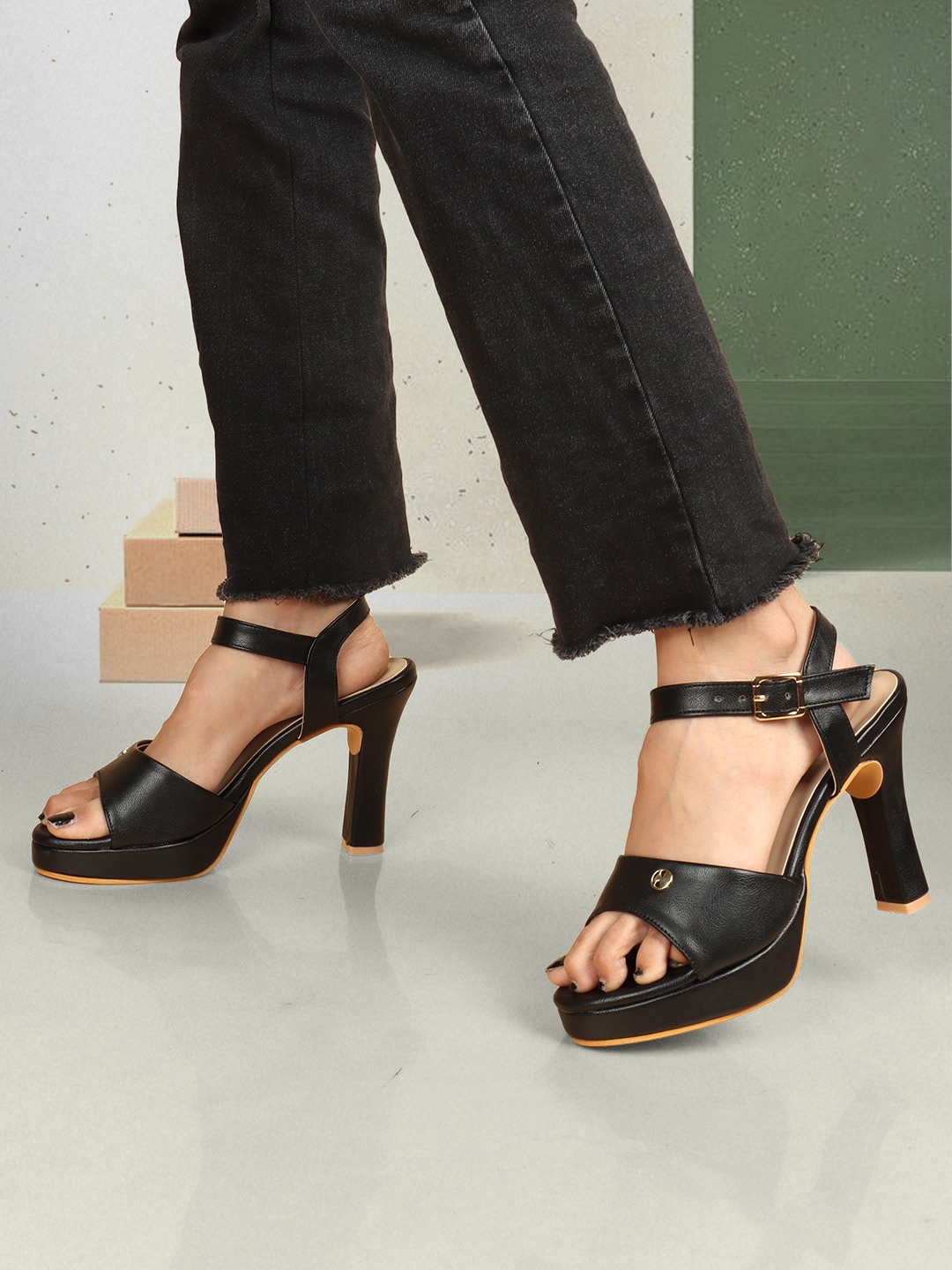 

ELLE Open Toe Block Heels With Buckles, Black