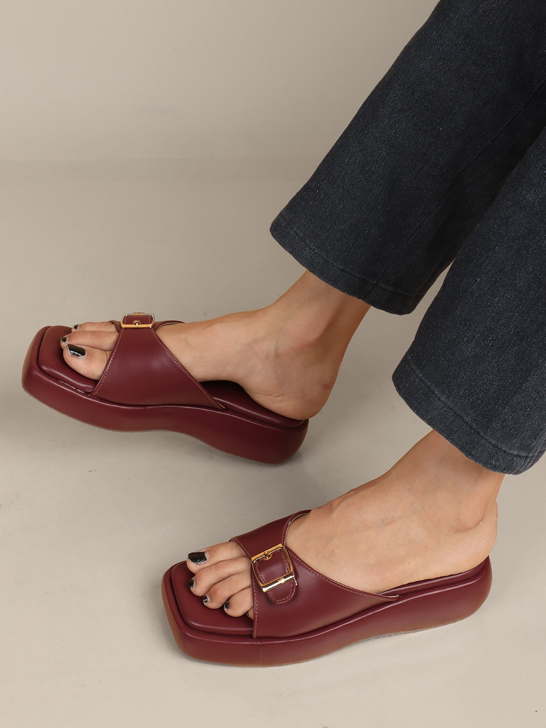 

ELLE Open Toe Flatform Heels With Buckle Detail, Maroon