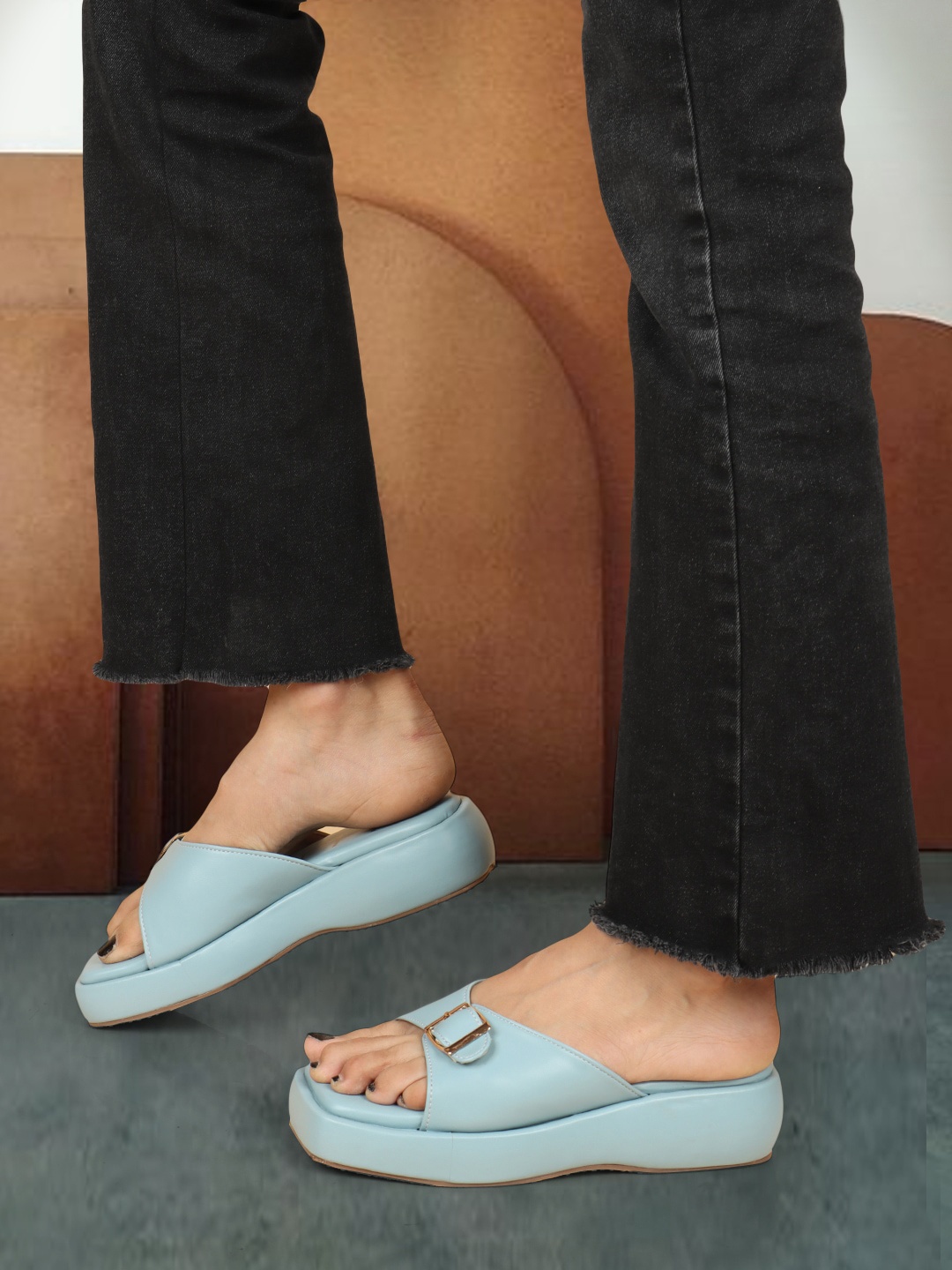 

ELLE Open Toe Flatform Heels With Buckle Detail, Blue