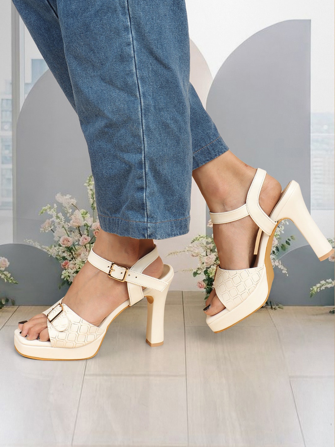 

ELLE Textured Party Block Heels With Backstrap, White