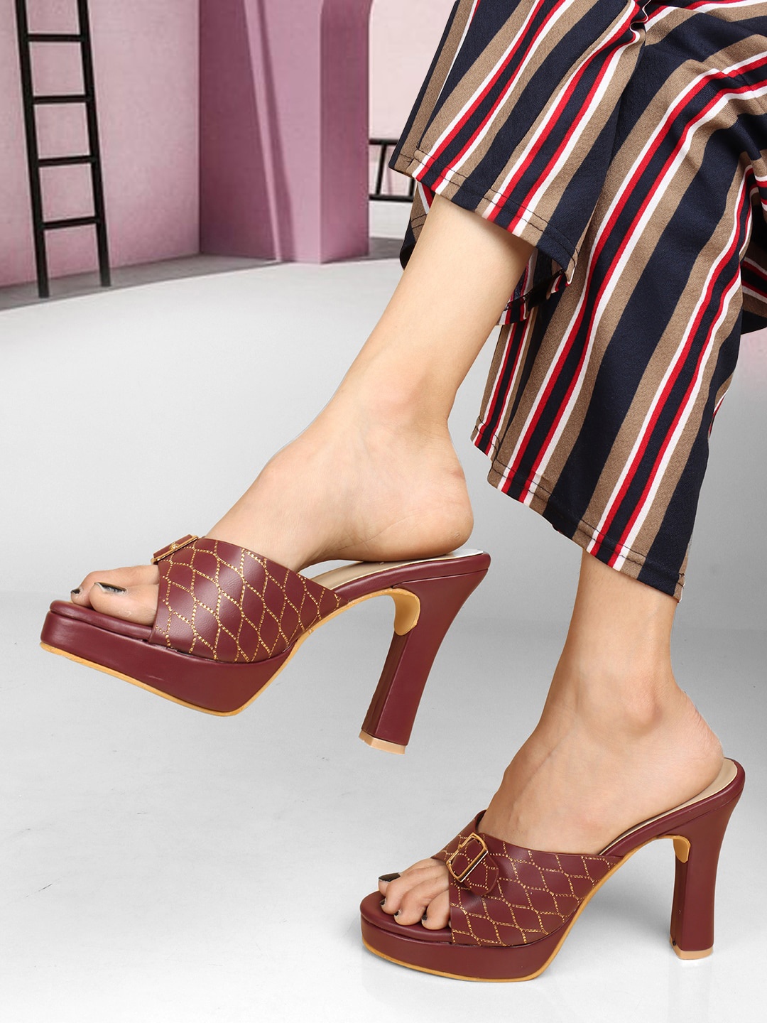 

ELLE Textured Party Block Heels with Buckles, Maroon