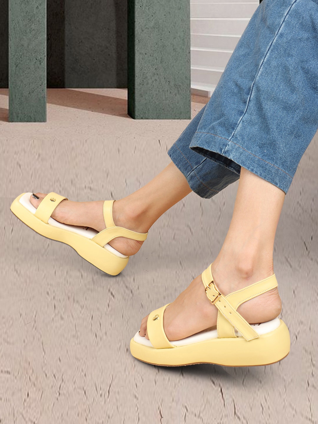 

ELLE Open Toe Flatform Heels, Yellow