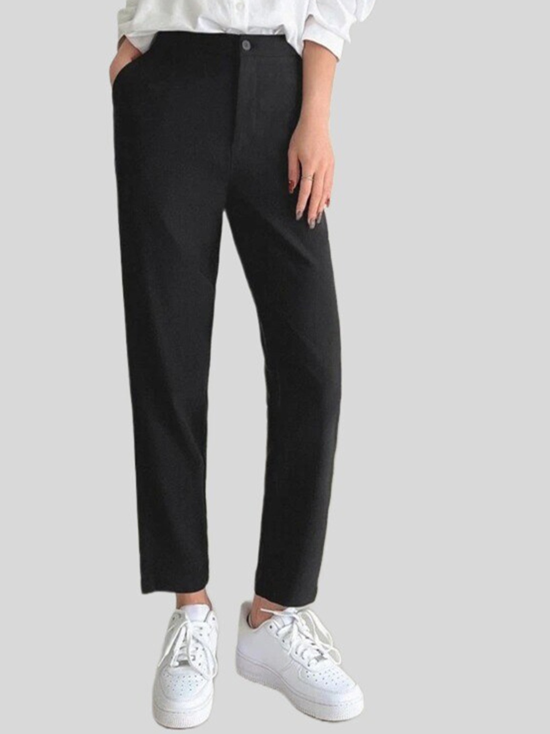 

FNOCKS Women Straight Leg Slim Fit Easy Wash Pure Cotton Formal Trousers, Black