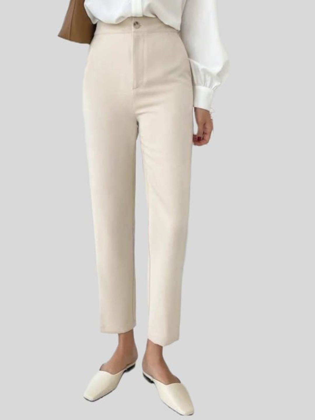 

FNOCKS Women Straight Leg Slim Fit Easy Wash Pure Cotton Formal Trousers, Cream