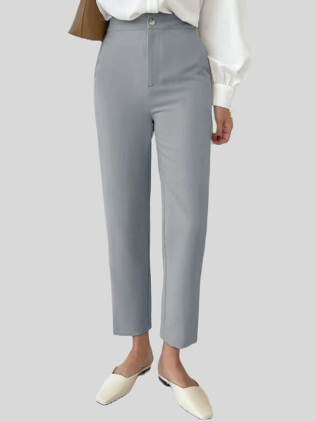 

FNOCKS Women Straight Leg Slim Fit Easy Wash Pure Cotton Formal Trousers, Grey