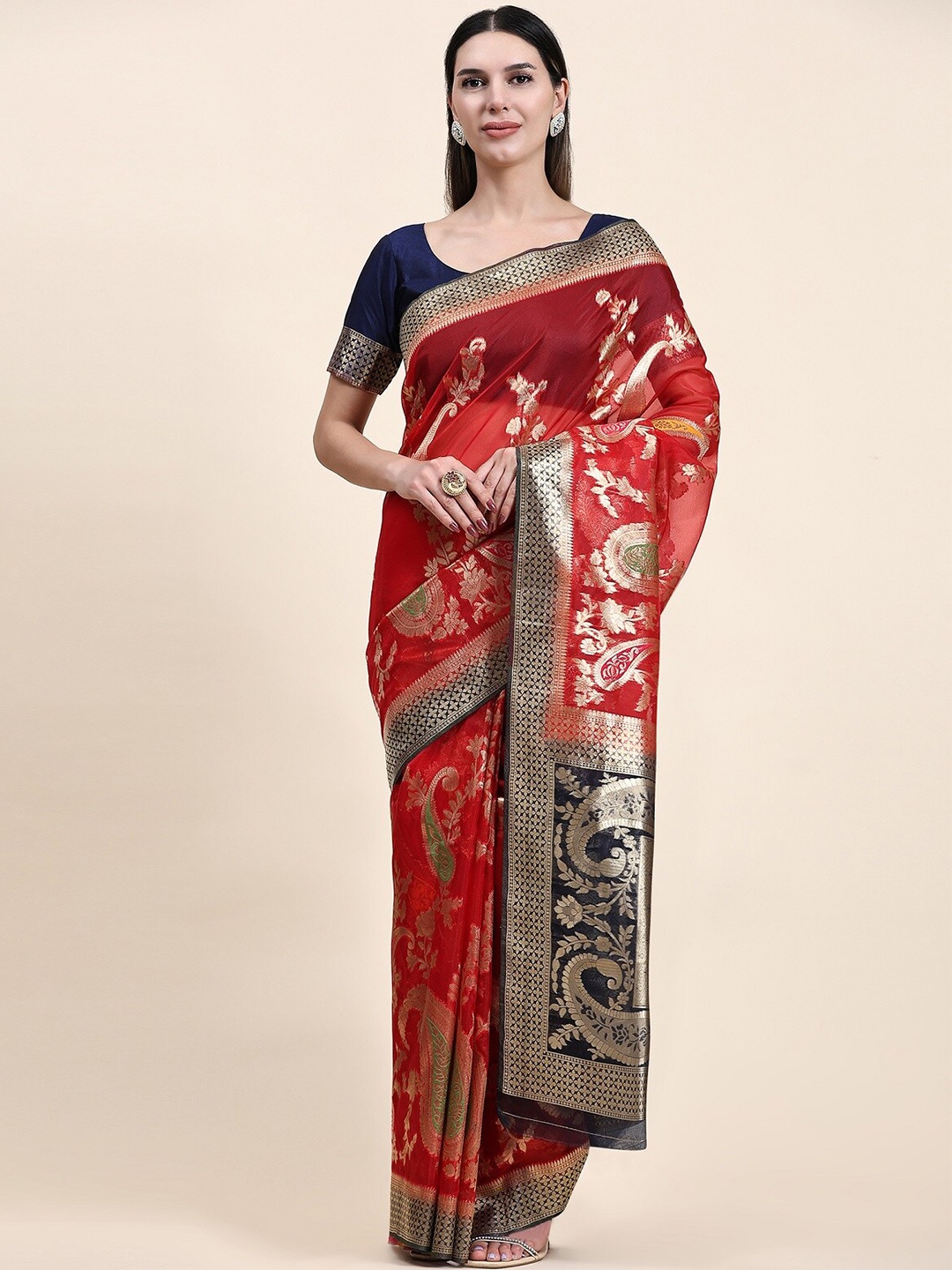 

KALINI Floral Zari Organza Banarasi Saree, Red
