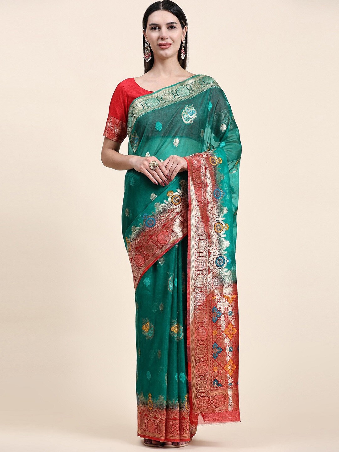 

KALINI Ethnic Motifs Printed Zari Organza Banarasi Saree, Green