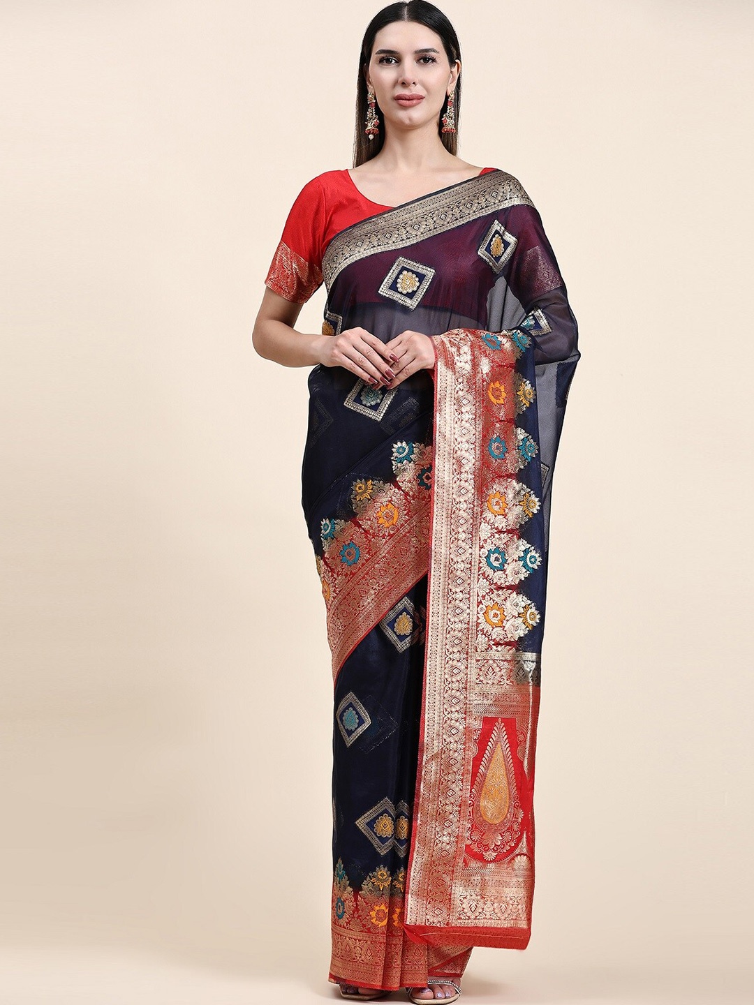 

KALINI Ethnic Motifs Printed Zari Banarasi Saree, Navy blue