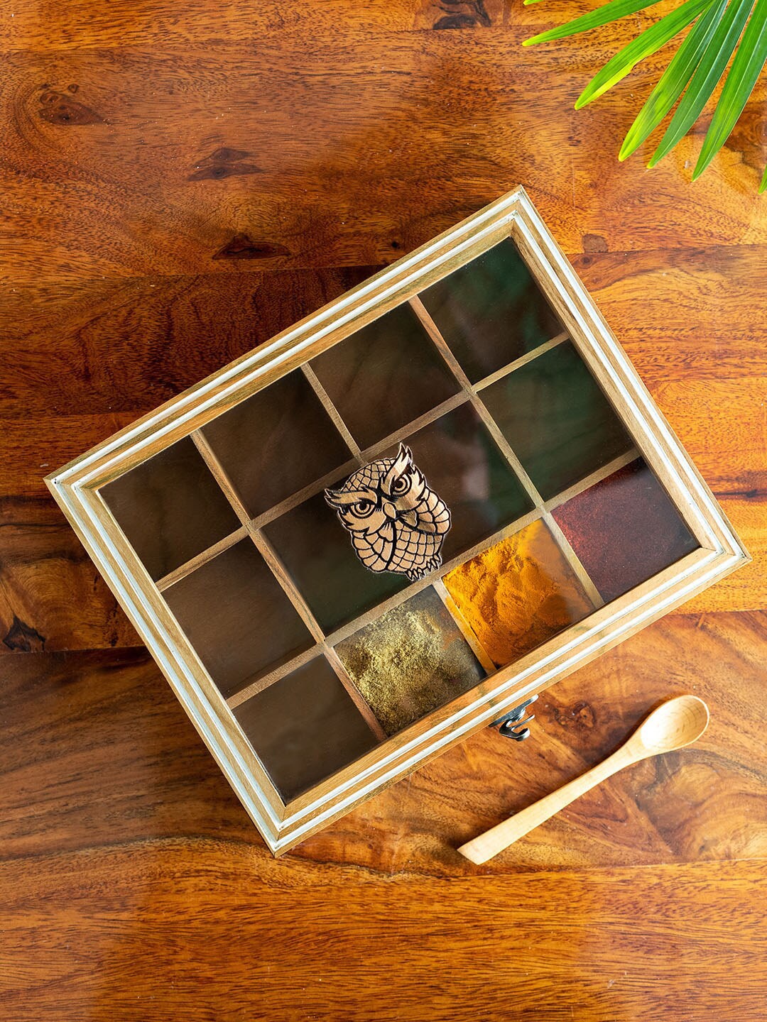 

ExclusiveLane 'Mystic Owl' Spice Box With Spoon In Teak Wood 12 Fixed Partitions, Brown