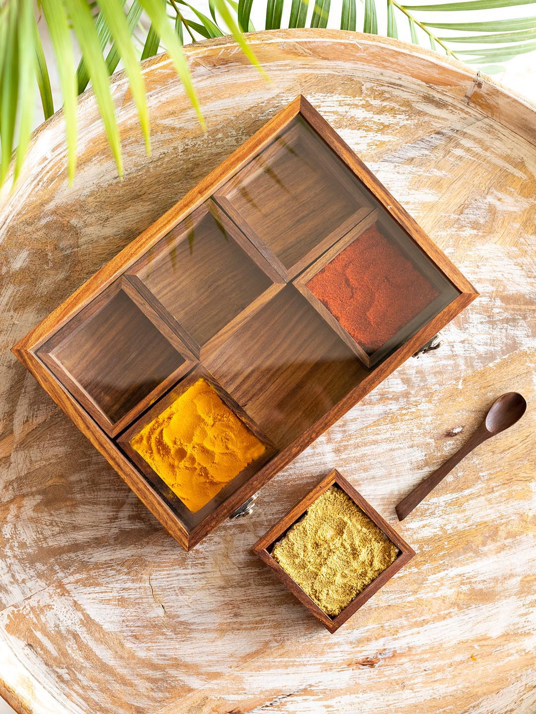

ExclusiveLane Brown Masala Blends Sheesham Wood Spice Box With Spoon