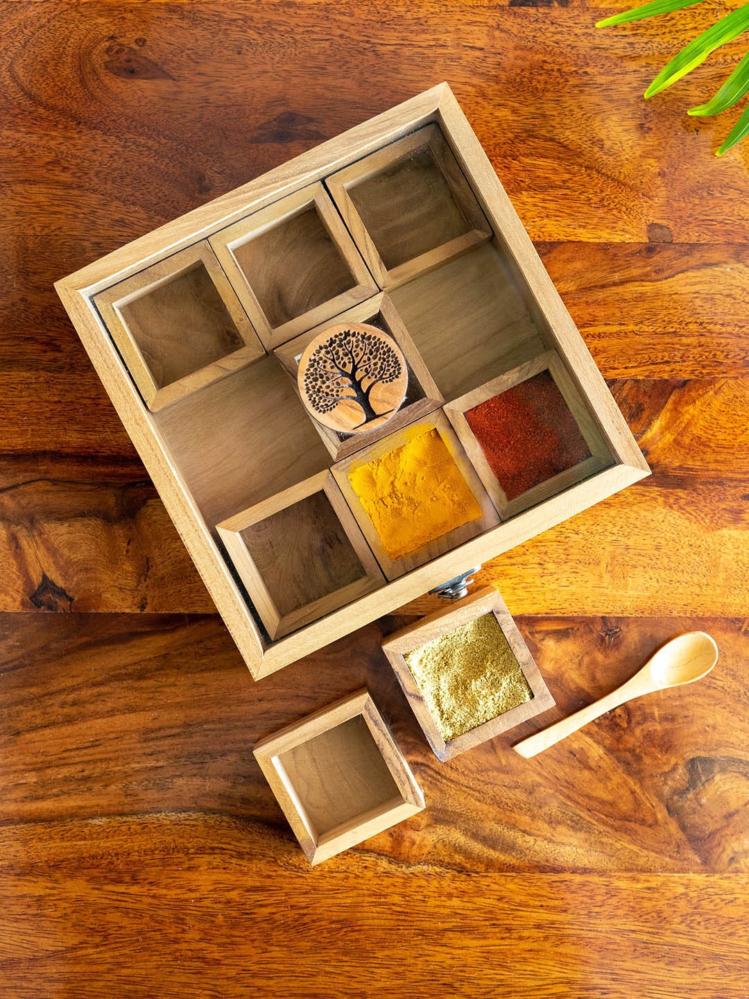 

ExclusiveLane Teak Wood Spice Box With Spoon - 55 ml, Brown