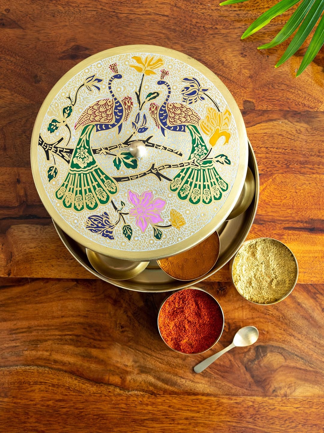 

ExclusiveLane Spice Box With Spoon In Brass with 7 Containers, Gold