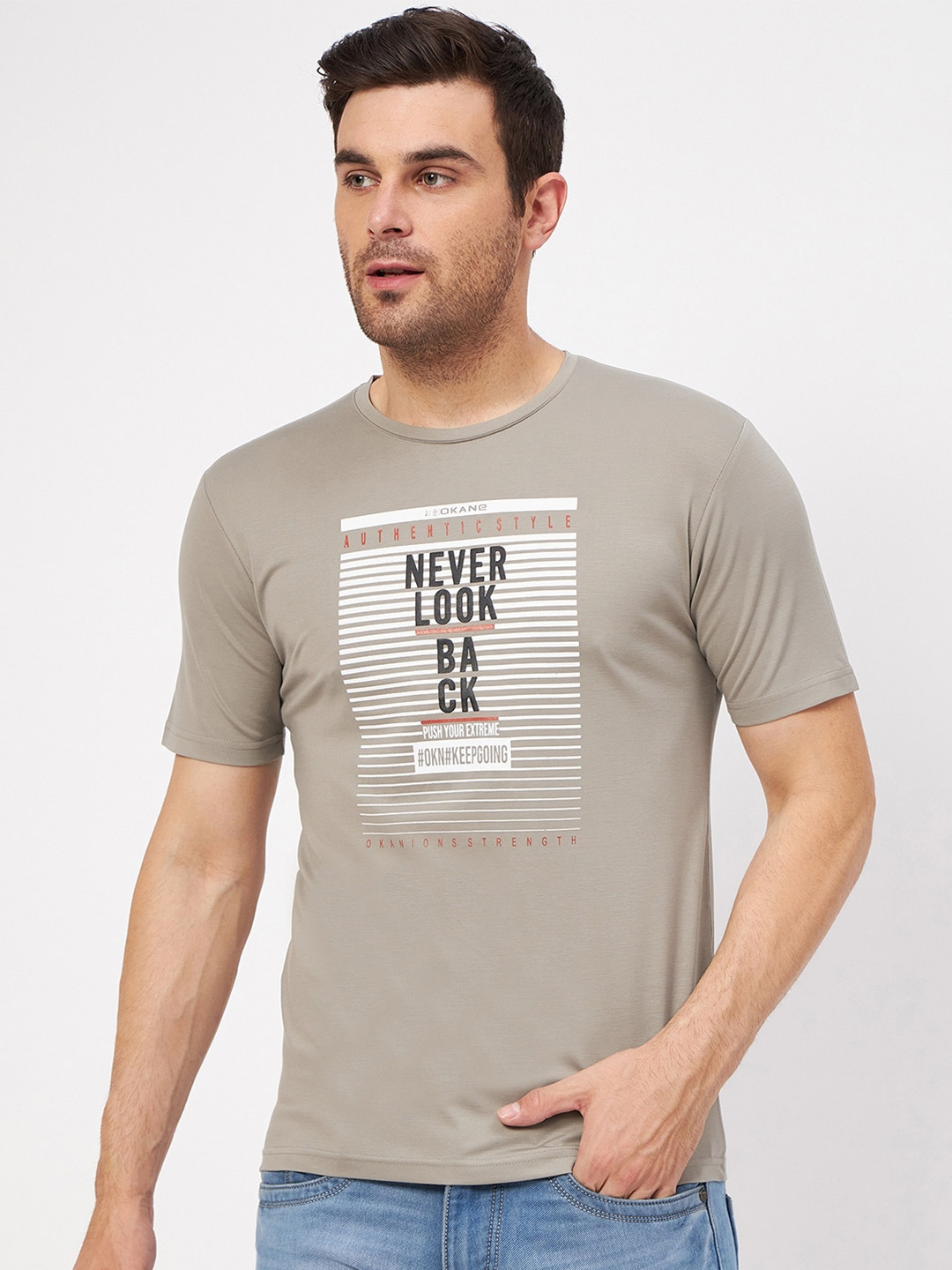 

Okane Typography Printed Casual T-shirt, Grey