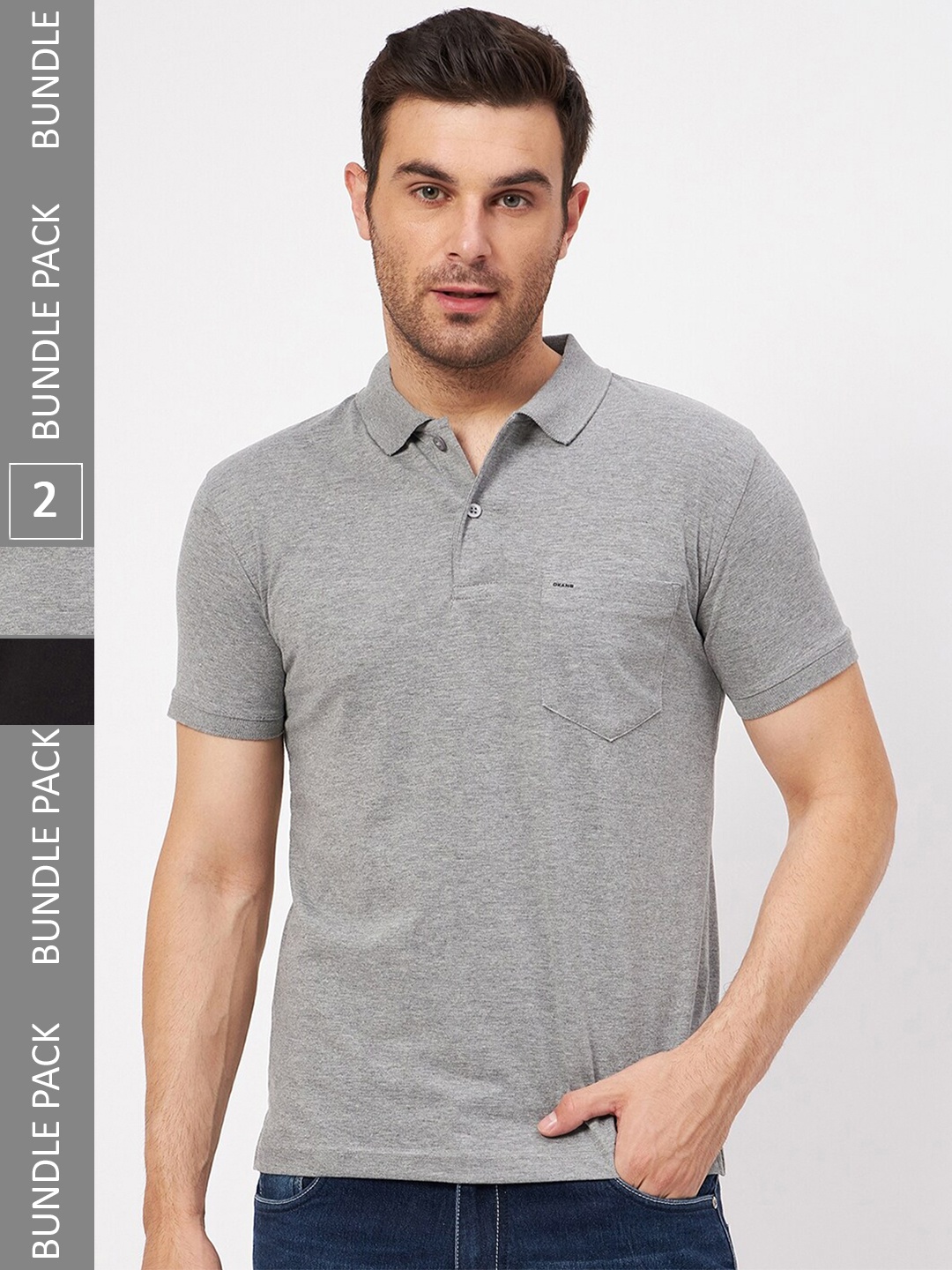 

Okane Pack Of 2 Polo Collar Casual T-shirts, Grey melange