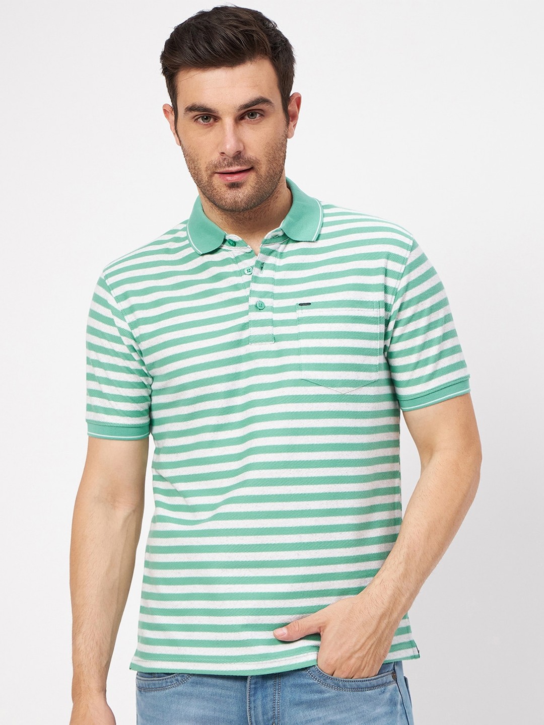 

Okane Striped Polo Collar Casual Cotton T-shirt, Green