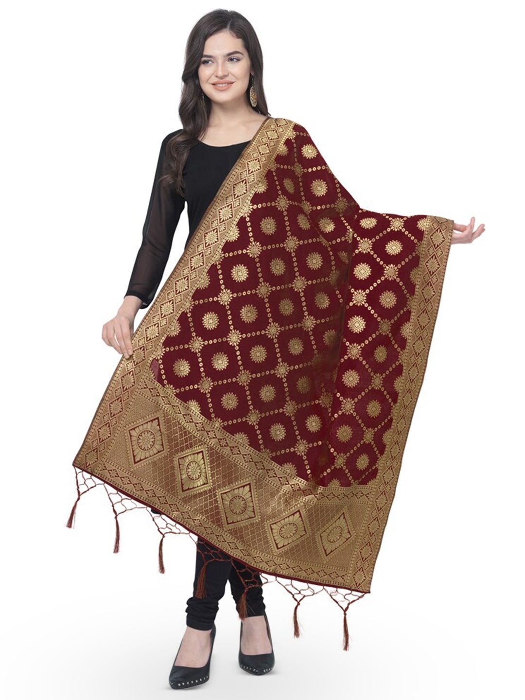 

KALINI Ethnic Motifs Woven Design Dupatta With Tasseled Border, Maroon