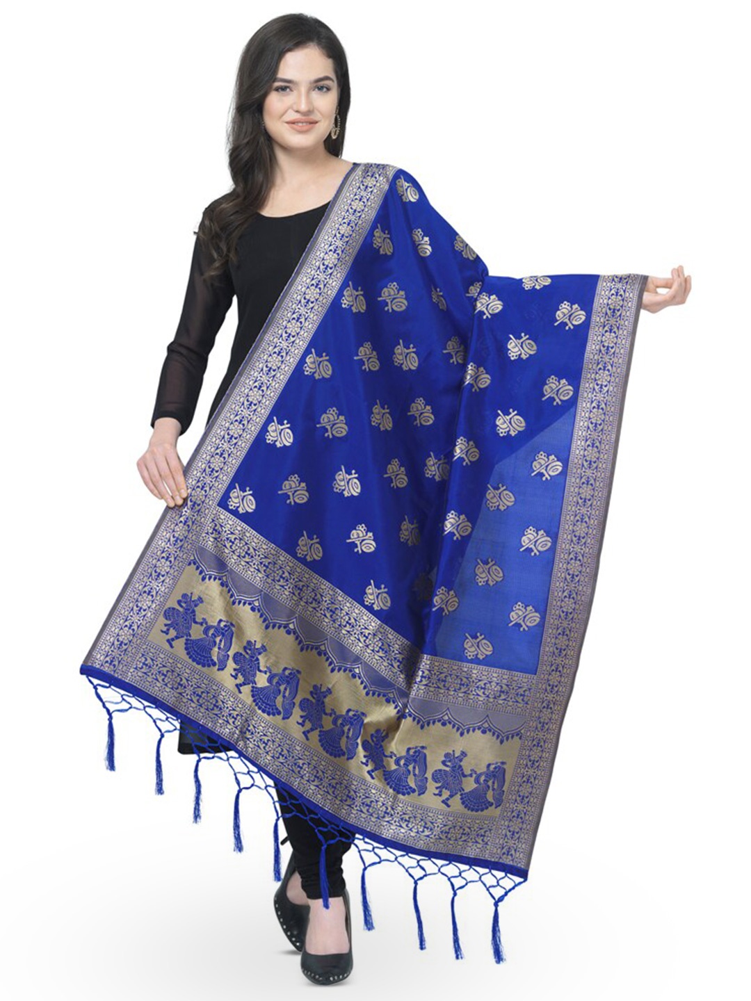 

KALINI Ethnic Motifs Woven Design Dupatta With Tasseled Border, Navy blue
