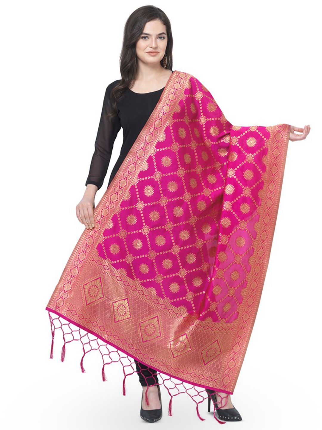 

KALINI Ethnic Motifs Woven Design Dupatta With Tasseled Border, Pink