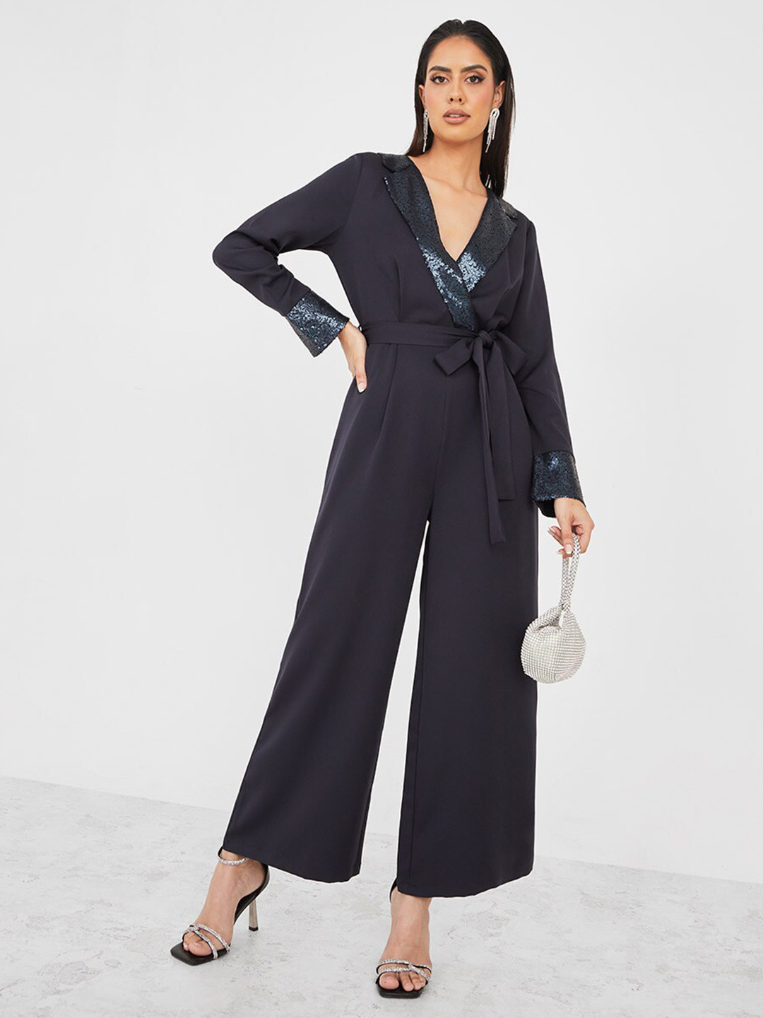 

Styli Sequined Basic Jumpsuit, Navy blue