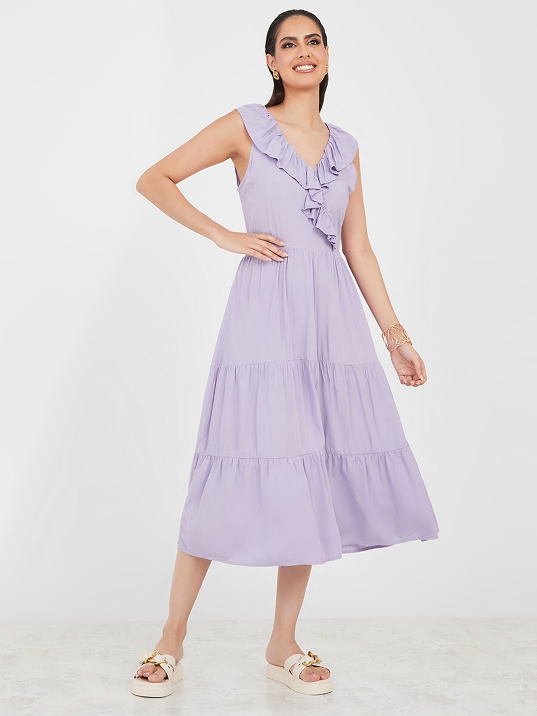 

Styli V-Neck Ruffled Tiered Fit & Flare Midi Dress, Lavender