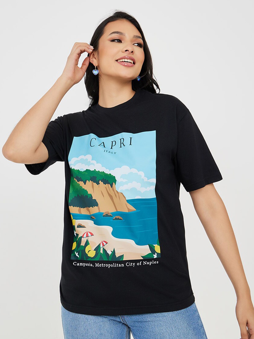 

Styli Graphic Printed Relaxed-Fit Cotton T-shirt, Black