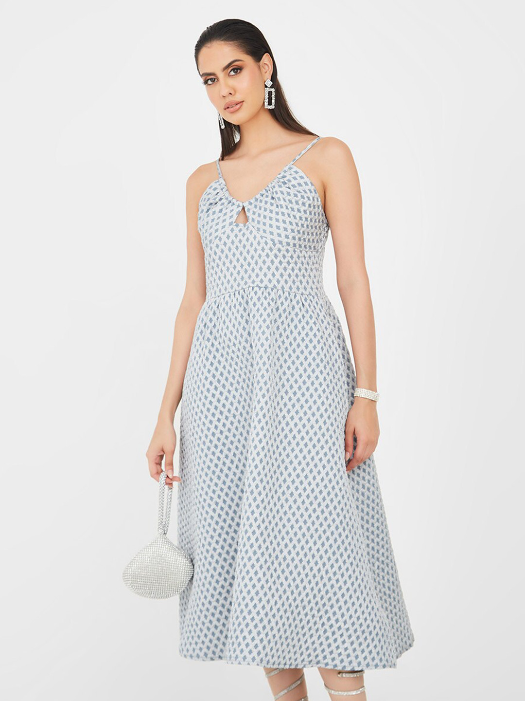 

Styli Blue Strappy Textured A-Line Midi Dress, White