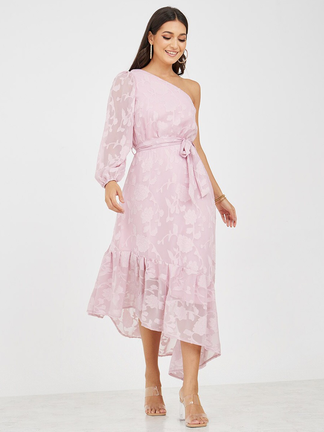 

Styli Self Design Puff Sleeves Fit & Flare Midi Dress, Pink