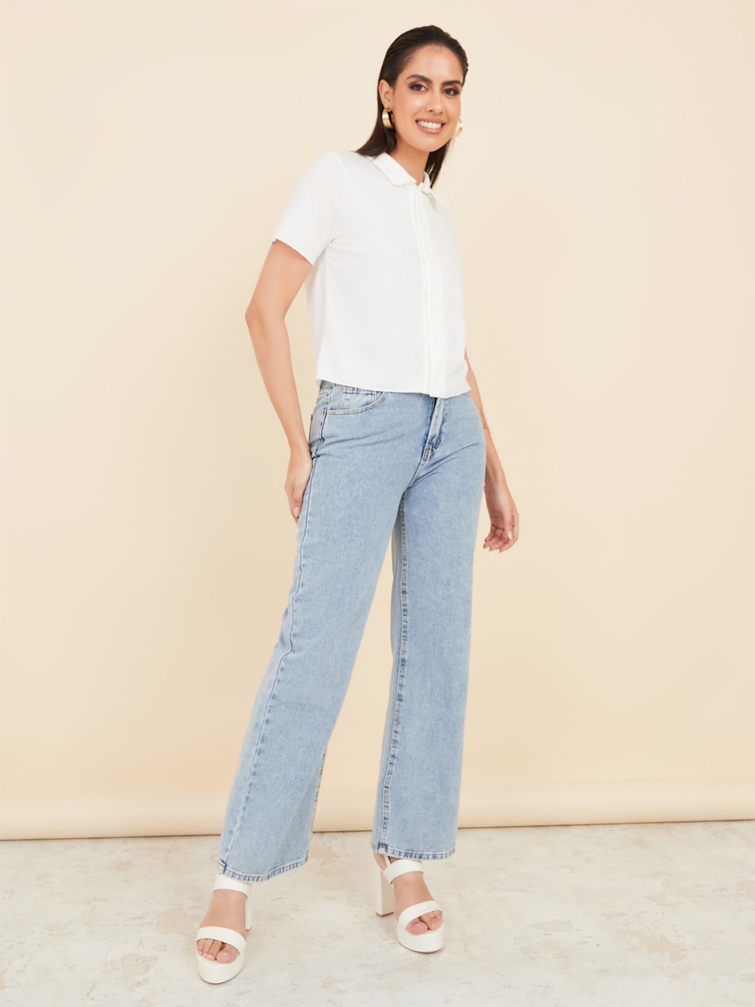 

Styli Women Solid Crop Shirt Style Top, White