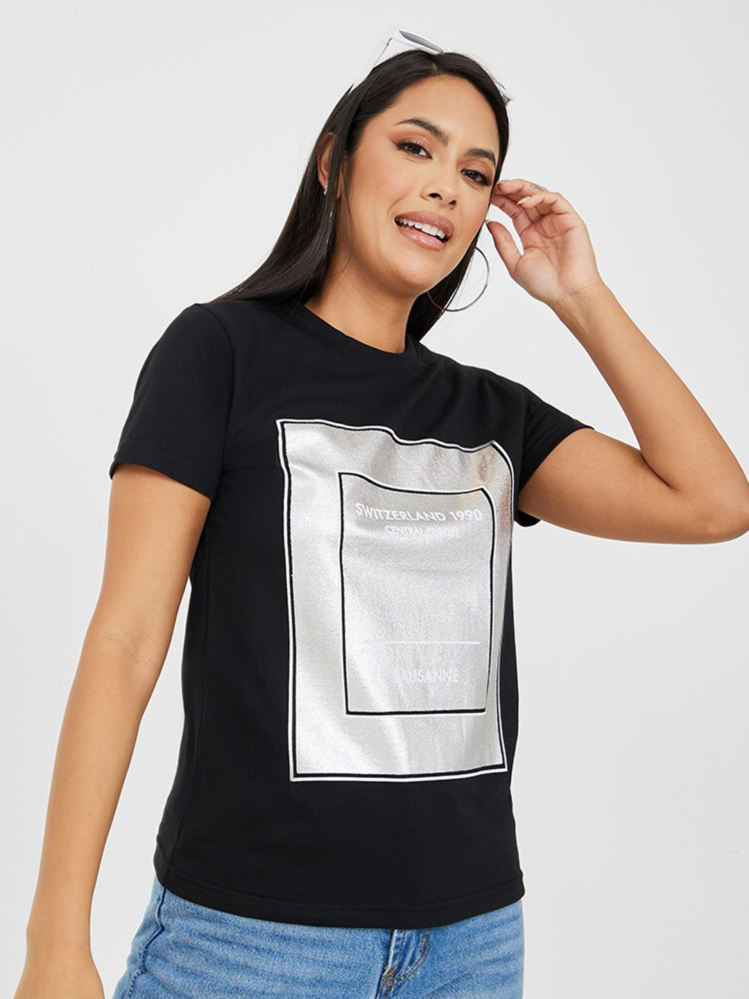 

Styli Graphic Printed Cotton T-shirt, Black