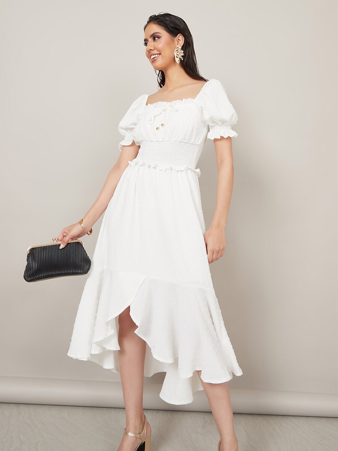 

Styli White Smocked Puff Sleeved Fit & Flare Midi Dress