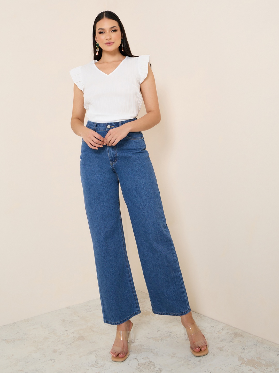 

Styli V-Neck Flutter Sleeves Top, White