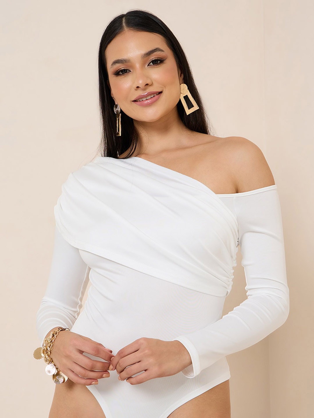 

Styli Asymmetric Neck Fitted Bodysuit, White