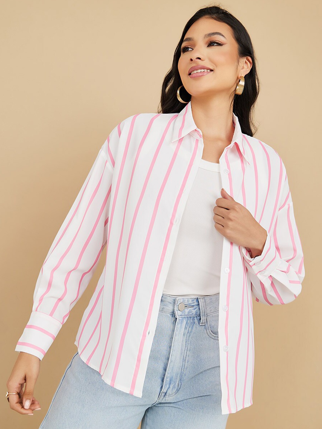 

Styli Women Striped Comfort Boxy Casual Shirt, Pink