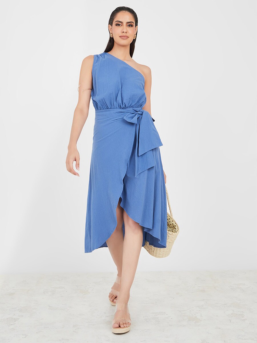 

Styli One Shoulder Belted Tulip Cotton Midi Wrap Dress, Blue