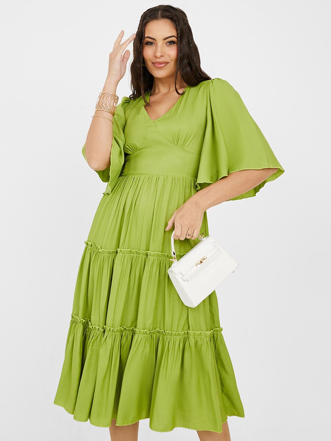 

Styli V-Neck Flared Sleeve Tiered Fit & Flare Midi Dress, Green