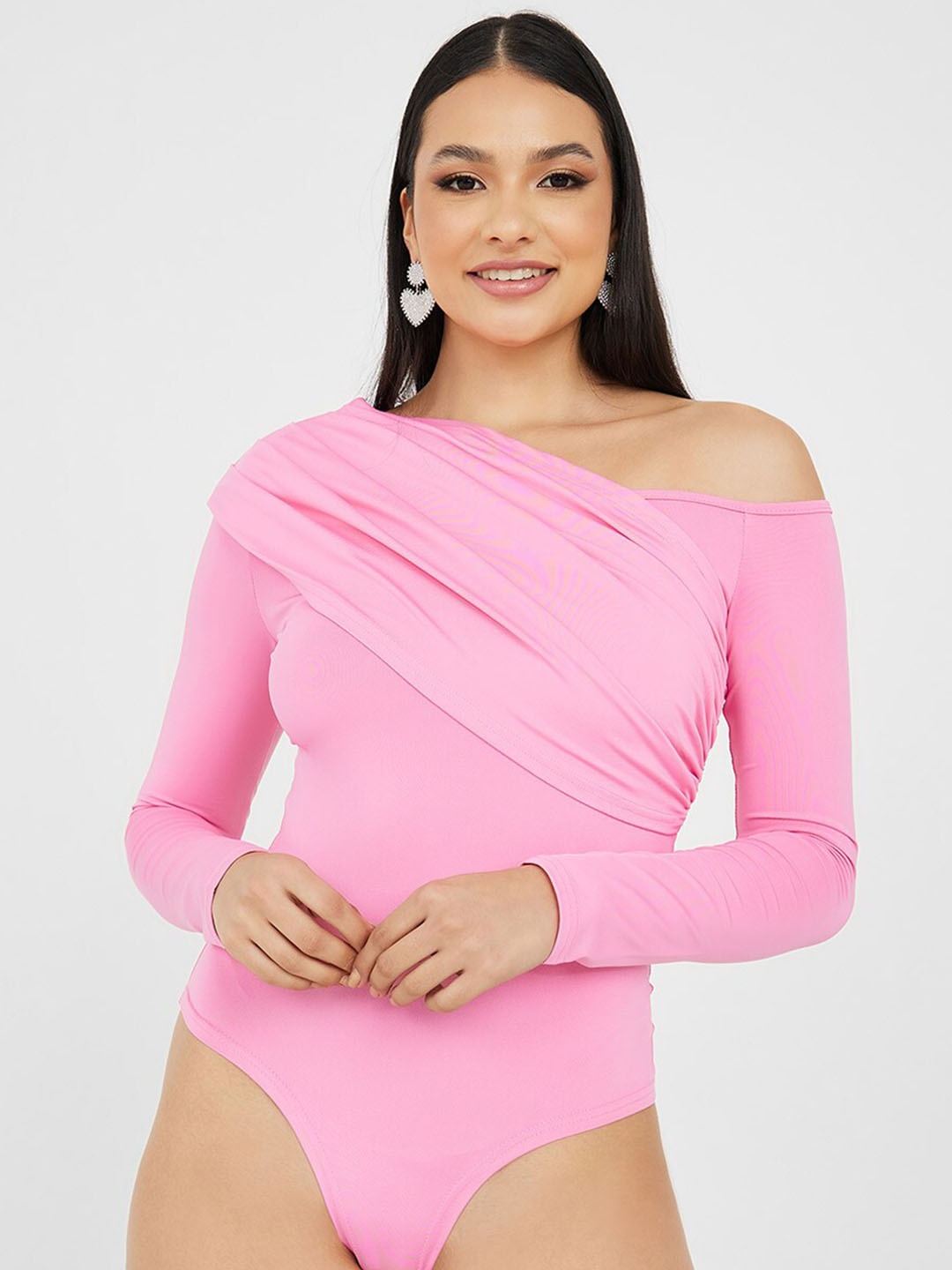 

Styli Pink Asymmetric Neck Fitted Bodysuit