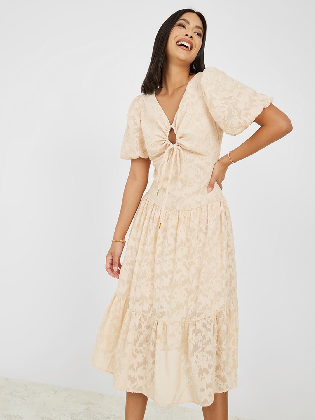

Styli Beige Self Design Fit & Flare Midi Dress