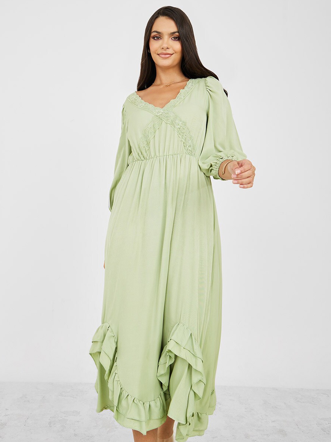 

Styli V-Neck Puff Sleeve Fit & Flare Midi Dress, Green