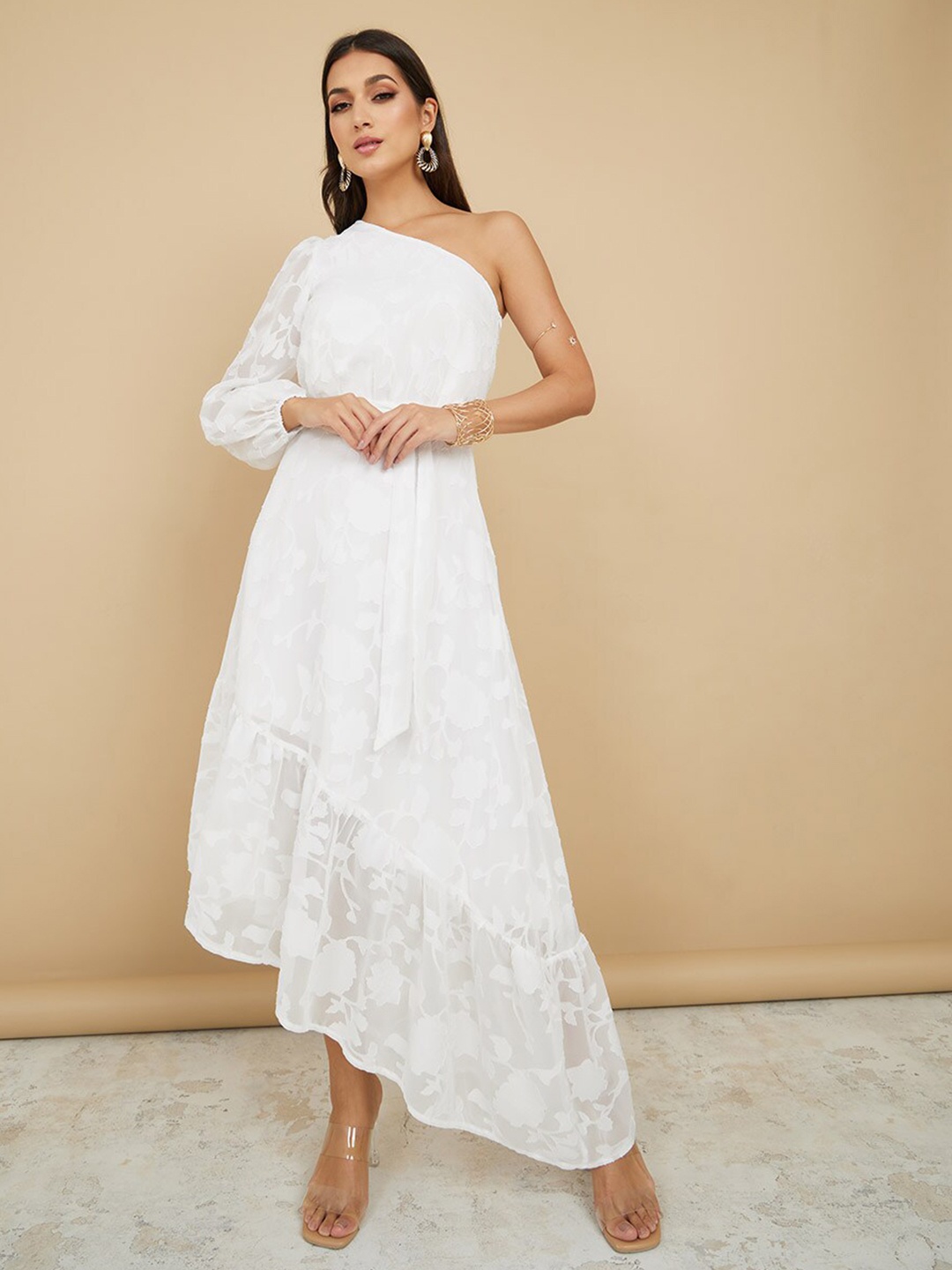 

Styli Floral Self Design One Shoulder Maxi Dress, White