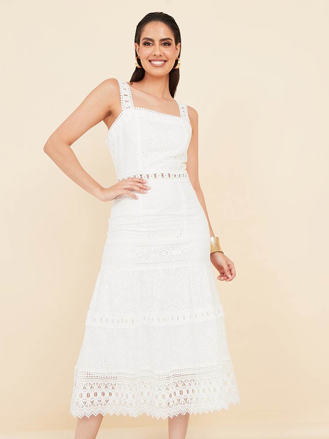 

Styli White Schiffli A-Line Midi Dress