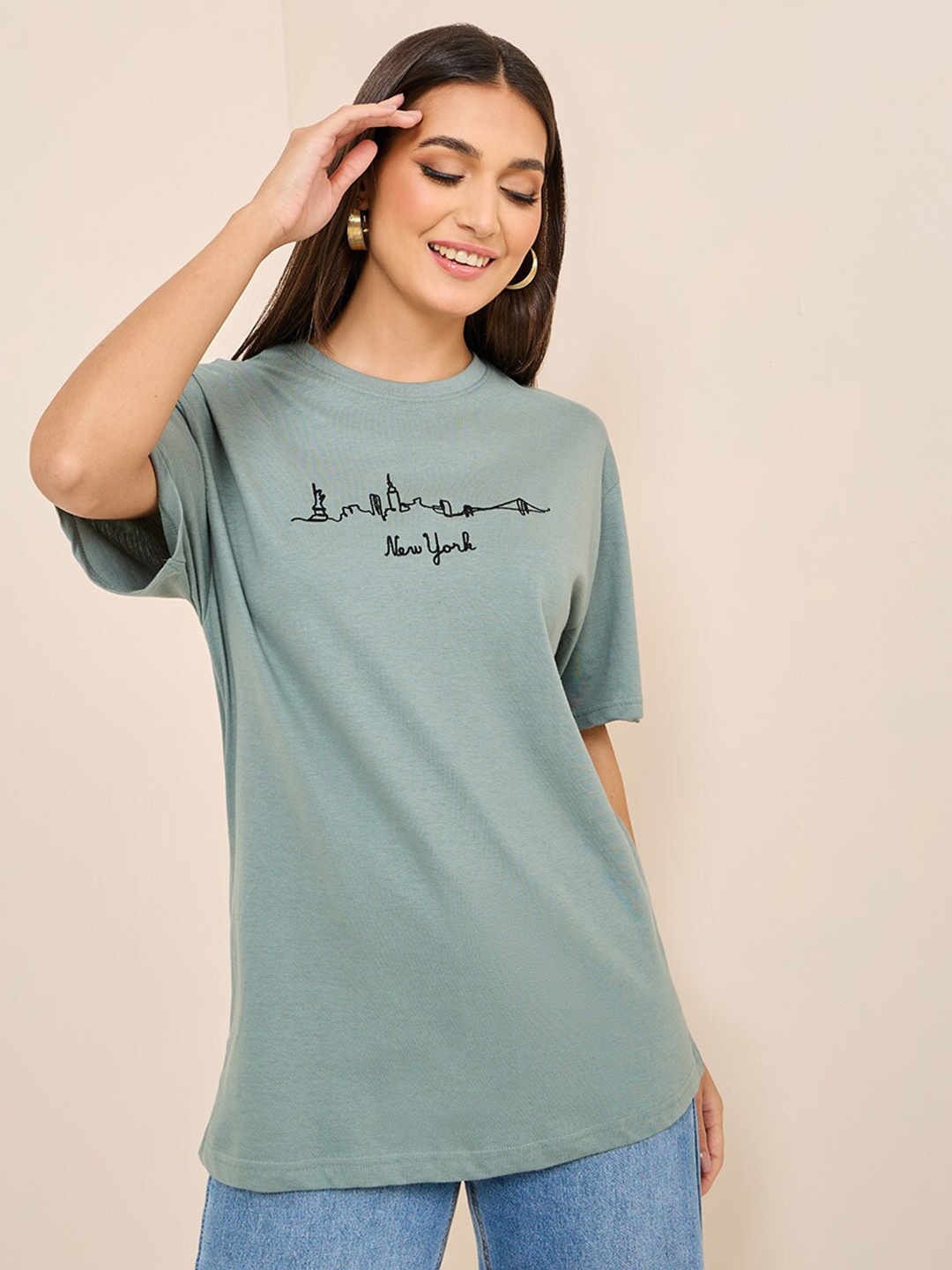 Styli Typography Printed Relaxed-Fit Cotton T-shirt, Green