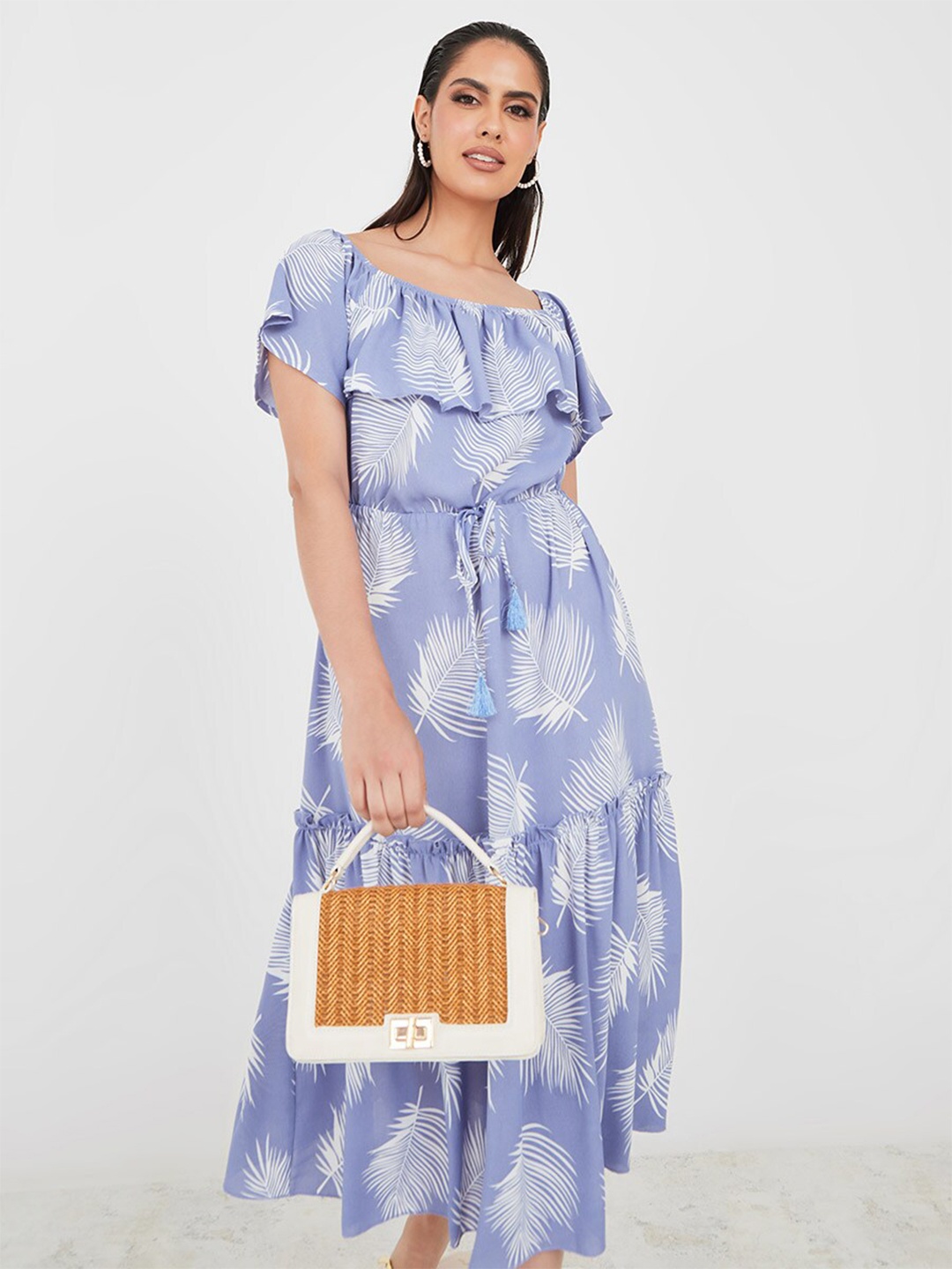 

Styli Blue Tropical Print A-Line Midi Dress