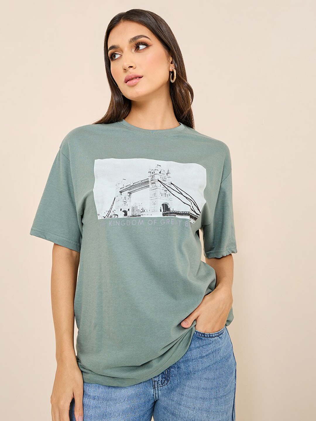

Styli Graphic Printed Pure Cotton T-Shirt, Green