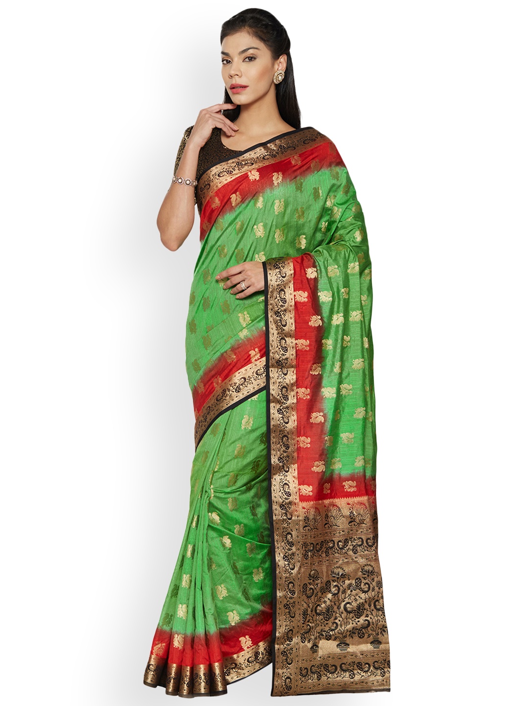 

Akhilam Green Silk Blend Woven Design Banarasi Saree