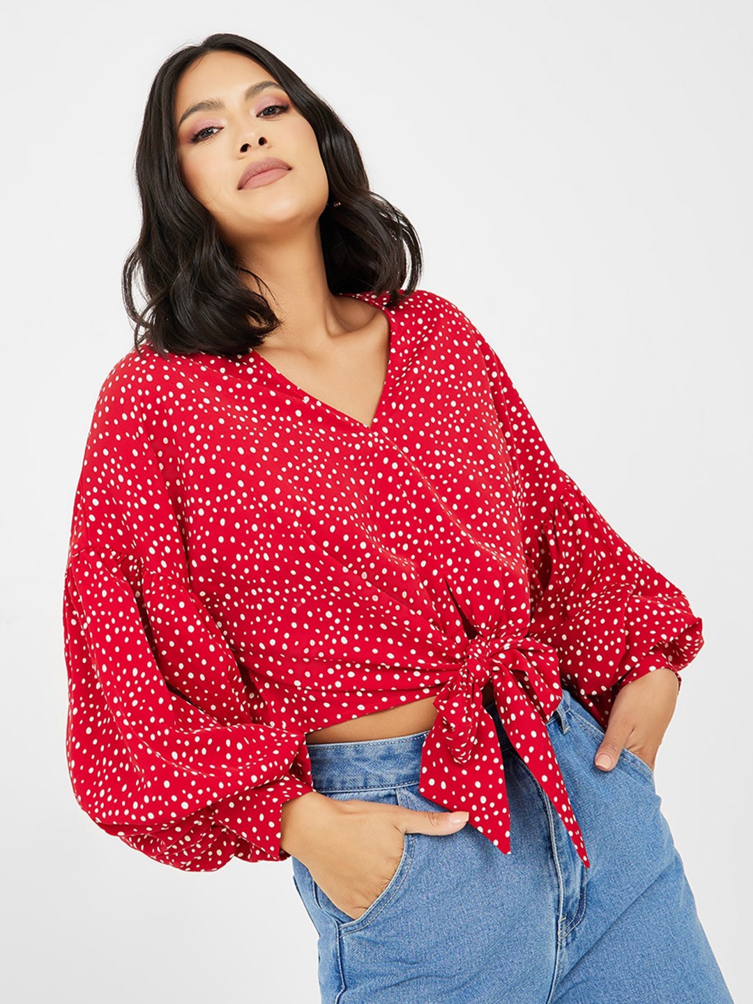 

Styli Polka Dot Printed Wrap Crop Top, Red