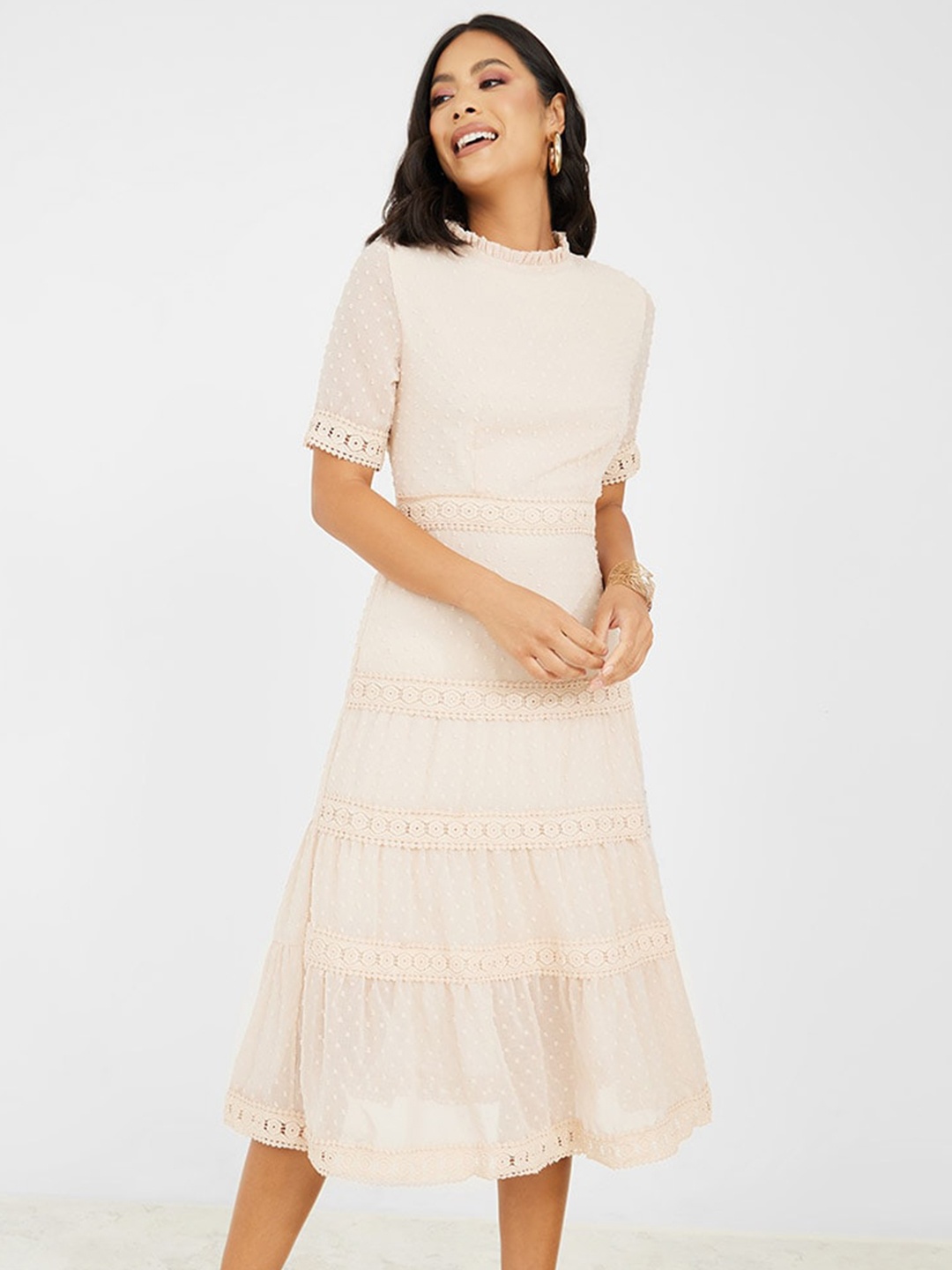 

Styli Self Design Pleated A-Line Midi Dress, Beige